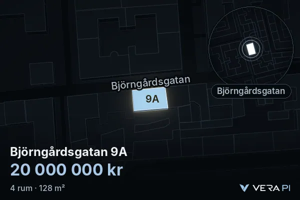 VERA PI:s bild av Björngårdsgatan 9A: huset i 3D, upplyst i blått, och kartan runt omkring
