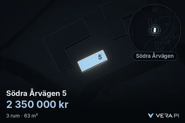 VERA PI:s bild av Södra Årvägen 5: huset i 3D, upplyst i blått, och kartan runt omkring