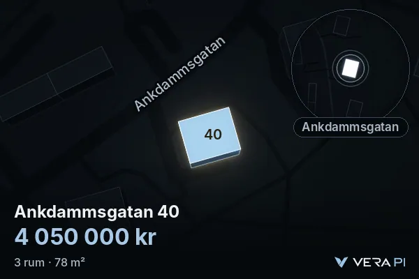 VERA PI's image of Ankdammsgatan 40: the building in 3D, lit in blue, and the map around it