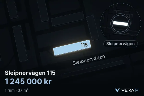 VERA PI's image of Sleipnervägen 115: the building in 3D, lit in blue, and the map around it