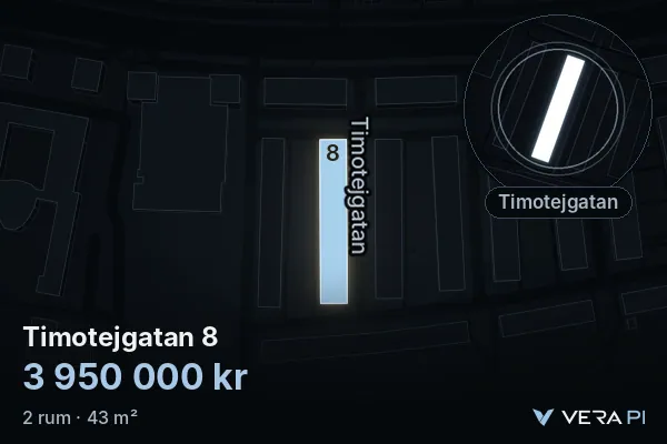 VERA PI:s bild av Timotejgatan 8: huset i 3D, upplyst i blått, och kartan runt omkring