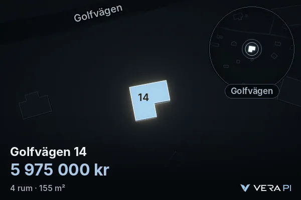 VERA PI:s bild av Golfvägen 14: huset i 3D, upplyst i blått, och kartan runt omkring