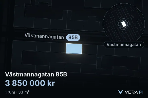 VERA PI:s bild av Västmannagatan 85B: huset i 3D, upplyst i blått, och kartan runt omkring