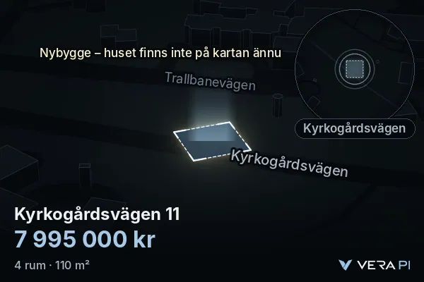 VERA PI:s bild av Kyrkogårdsvägen 11: huset i 3D, upplyst i blått, och kartan runt omkring