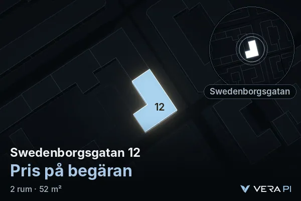 VERA PI's image of Swedenborgsgatan 12: the building in 3D, lit in blue, and the map around it