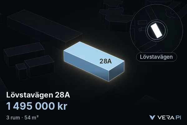 VERA PI:s bild av Lövstavägen 28A: huset i 3D, upplyst i blått, och kartan runt omkring