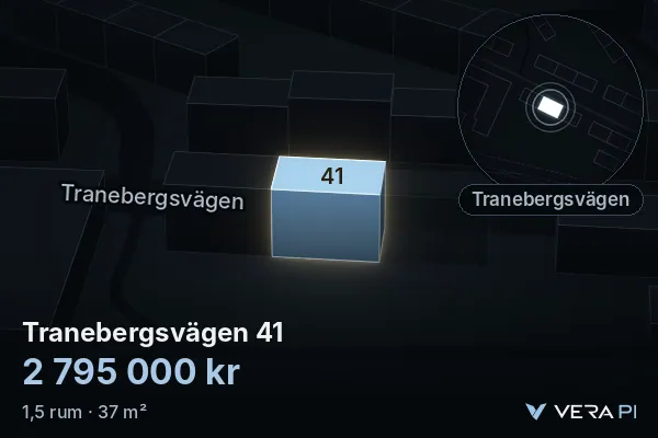 VERA PI's image of Tranebergsvägen 41: the building in 3D, lit in blue, and the map around it