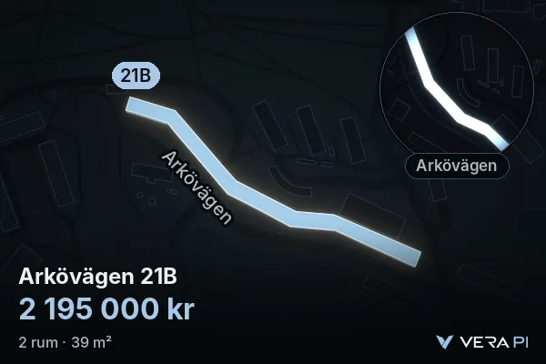VERA PI's image of Arkövägen 21B: the building in 3D, lit in blue, and the map around it