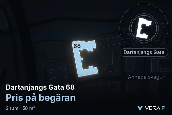 VERA PI:s bild av Dartanjangs Gata 68: huset i 3D, upplyst i blått, och kartan runt omkring