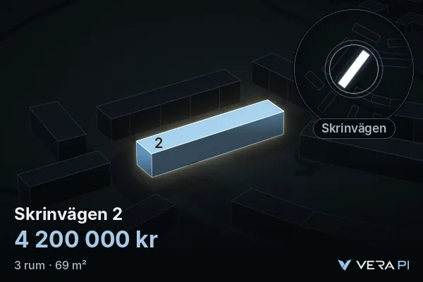 VERA PI's image of Skrinvägen 2: the building in 3D, lit in blue, and the map around it