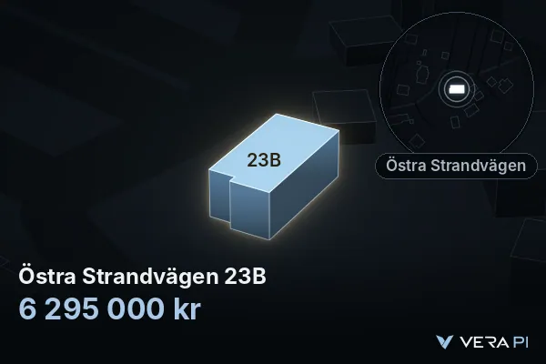 VERA PI:s bild av Östra Strandvägen 23B: huset i 3D, upplyst i blått, och kartan runt omkring