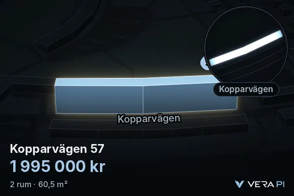 VERA PI:s bild av Kopparvägen 57: huset i 3D, upplyst i blått, och kartan runt omkring