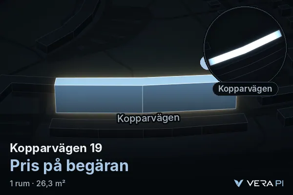 VERA PI:s bild av Kopparvägen 19: huset i 3D, upplyst i blått, och kartan runt omkring