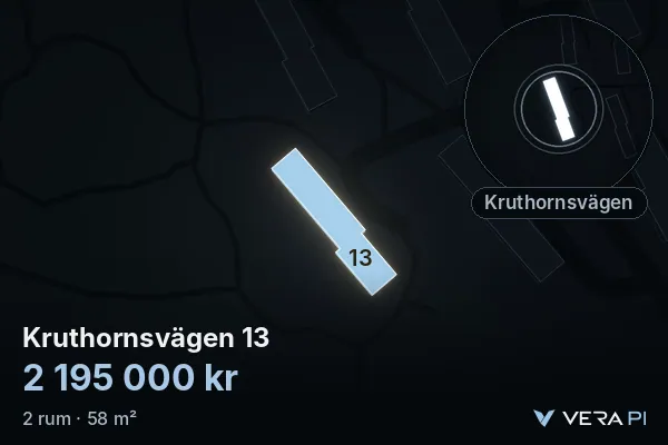VERA PI's image of Kruthornsvägen 13: the building in 3D, lit in blue, and the map around it