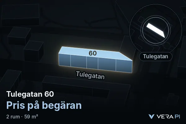 VERA PI's image of Tulegatan 60: the building in 3D, lit in blue, and the map around it