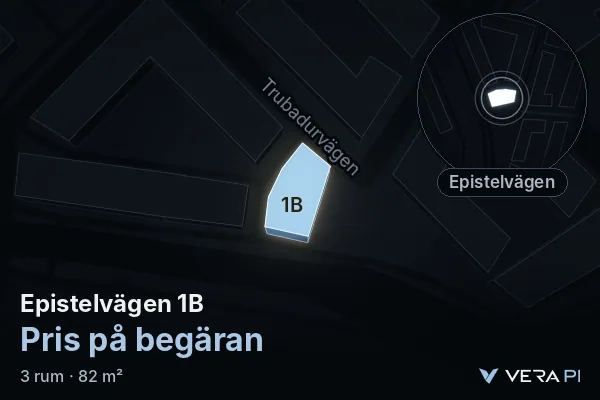 VERA PI:s bild av Epistelvägen 1B: huset i 3D, upplyst i blått, och kartan runt omkring
