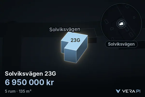 VERA PI's image of Solviksvägen 23G: the building in 3D, lit in blue, and the map around it