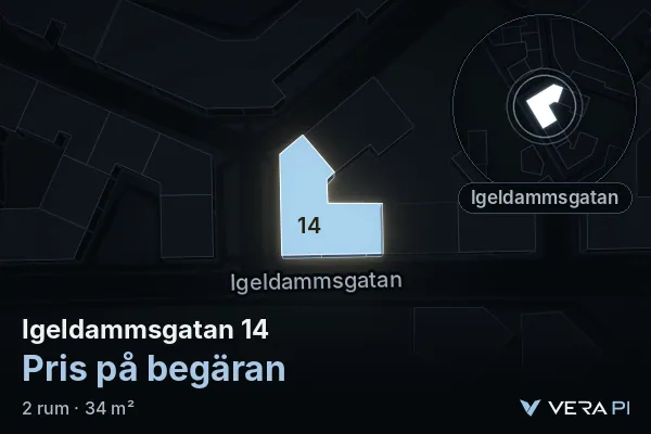 VERA PI's image of Igeldammsgatan 14: the building in 3D, lit in blue, and the map around it