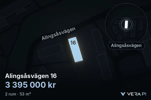 VERA PI:s bild av Alingsåsvägen 16: huset i 3D, upplyst i blått, och kartan runt omkring