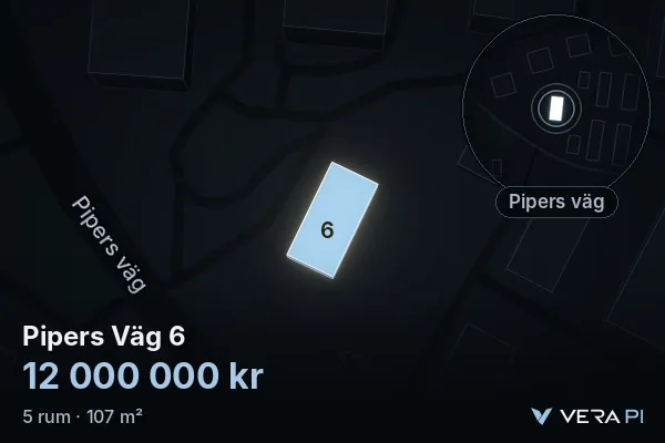 VERA PI's image of Pipers Väg 6: the building in 3D, lit in blue, and the map around it