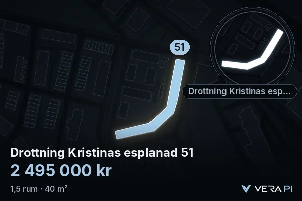 VERA PI's image of Drottning Kristinas esplanad 51: the building in 3D, lit in blue, and the map around it