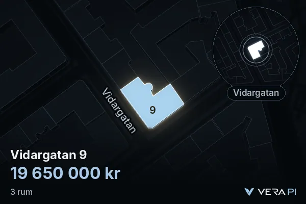 VERA PI:s bild av Vidargatan 9: huset i 3D, upplyst i blått, och kartan runt omkring