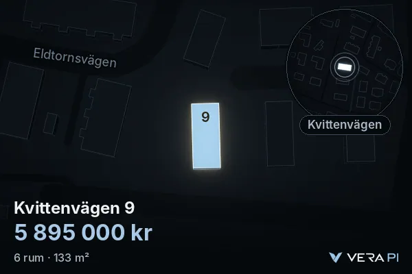 VERA PI:s bild av Kvittenvägen 9: huset i 3D, upplyst i blått, och kartan runt omkring