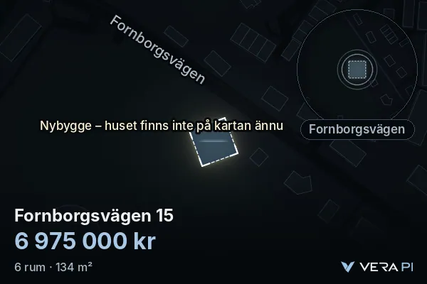 VERA PI:s bild av Fornborgsvägen 15: huset i 3D, upplyst i blått, och kartan runt omkring