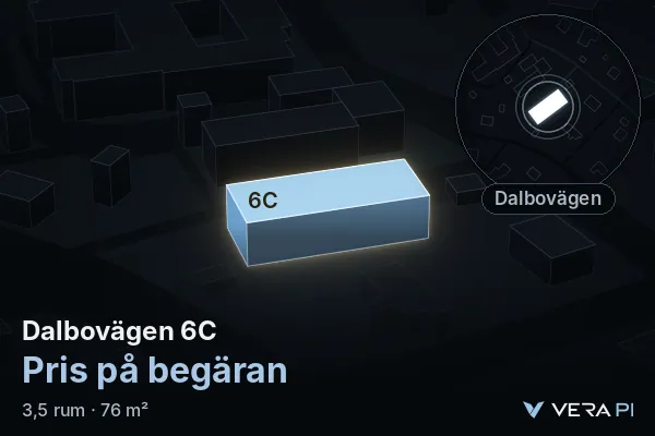 VERA PI's image of Dalbovägen 6C: the building in 3D, lit in blue, and the map around it