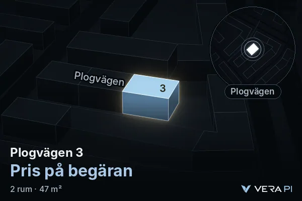 VERA PI:s bild av Plogvägen 3: huset i 3D, upplyst i blått, och kartan runt omkring