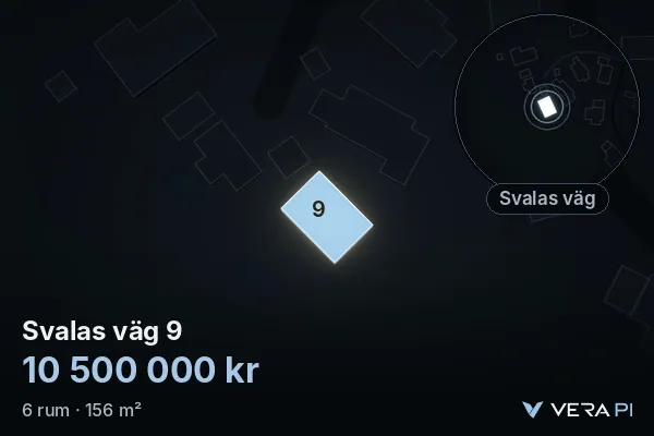 VERA PI's image of Svalas väg 9: the building in 3D, lit in blue, and the map around it