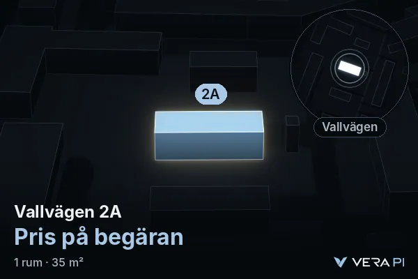 VERA PI:s bild av Vallvägen 2A: huset i 3D, upplyst i blått, och kartan runt omkring