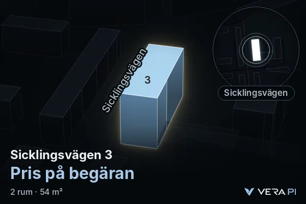 VERA PI's image of Sicklingsvägen 3: the building in 3D, lit in blue, and the map around it