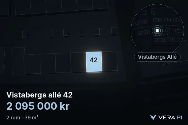 VERA PI:s bild av Vistabergs allé 42: huset i 3D, upplyst i blått, och kartan runt omkring