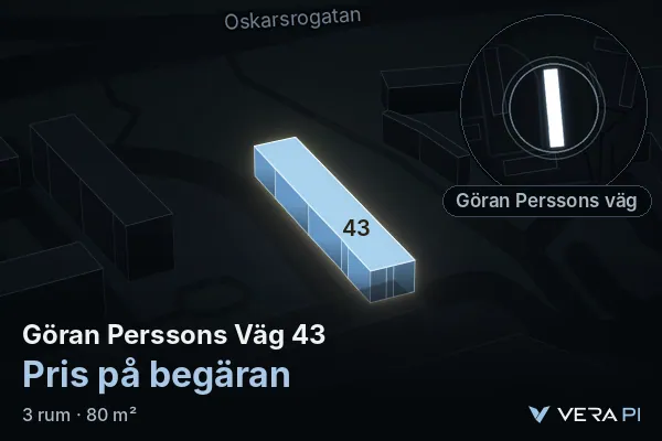 VERA PI:s bild av Göran Perssons Väg 43: huset i 3D, upplyst i blått, och kartan runt omkring