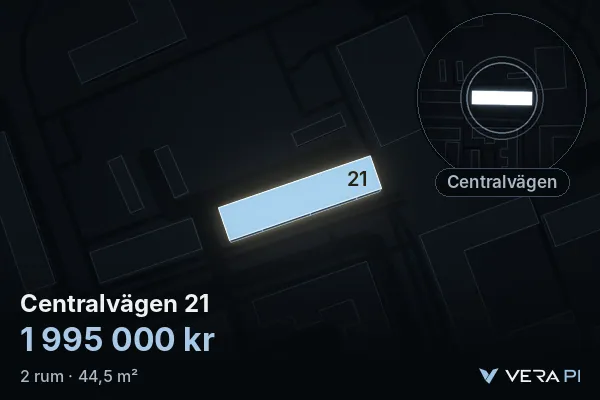 VERA PI:s bild av Centralvägen 21: huset i 3D, upplyst i blått, och kartan runt omkring