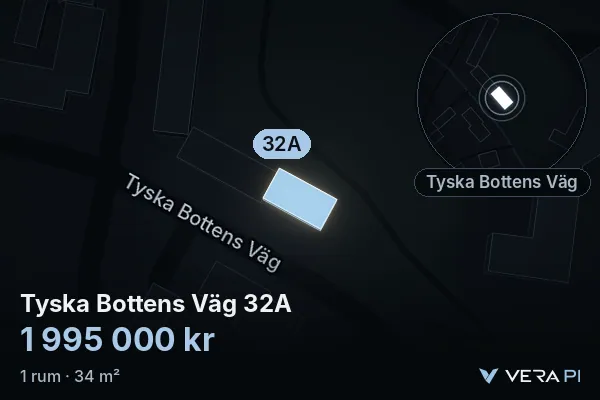 VERA PI:s bild av Tyska Bottens Väg 32A: huset i 3D, upplyst i blått, och kartan runt omkring
