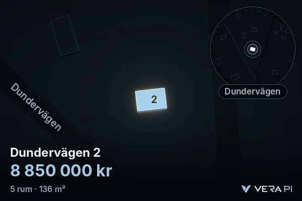 VERA PI:s bild av Dundervägen 2: huset i 3D, upplyst i blått, och kartan runt omkring