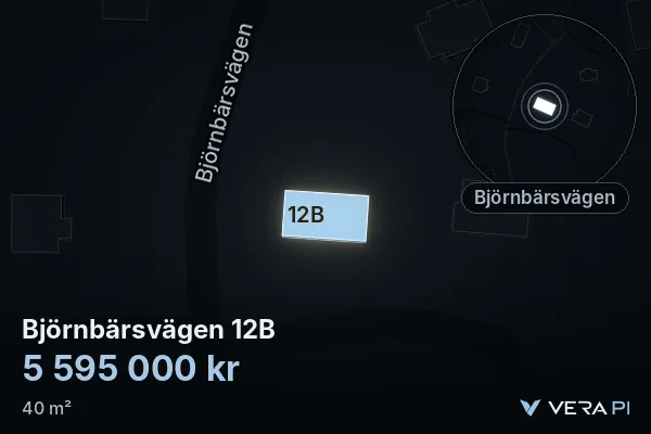VERA PI's image of Björnbärsvägen 12B: the building in 3D, lit in blue, and the map around it