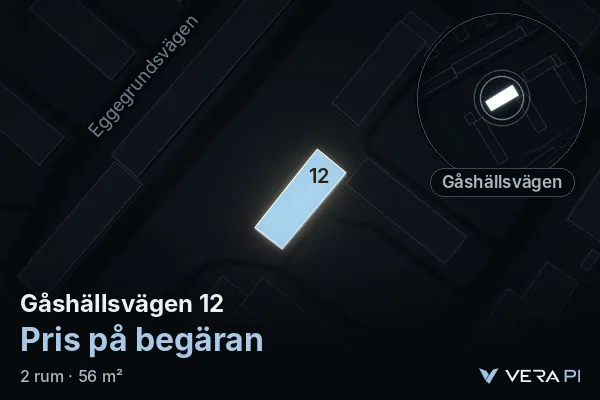 VERA PI's image of Gåshällsvägen 12: the building in 3D, lit in blue, and the map around it