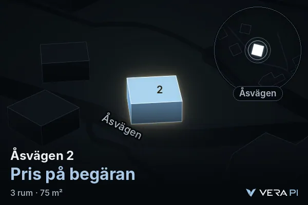 VERA PI's image of Åsvägen 2: the building in 3D, lit in blue, and the map around it