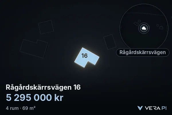 VERA PI's image of Rågårdskärrsvägen 16: the building in 3D, lit in blue, and the map around it