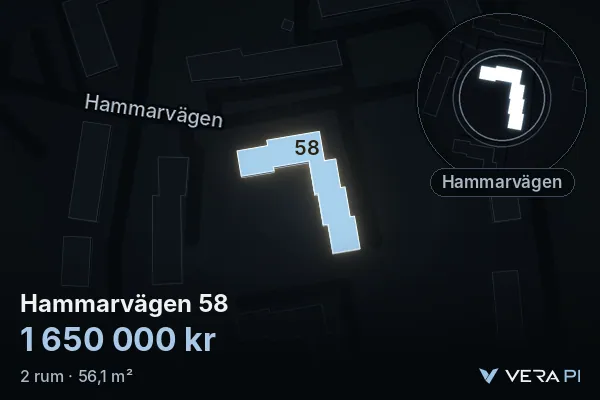 VERA PI's image of Hammarvägen 58: the building in 3D, lit in blue, and the map around it