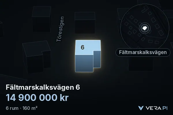 VERA PI:s bild av Fältmarskalksvägen 6: huset i 3D, upplyst i blått, och kartan runt omkring