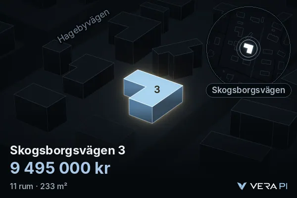 VERA PI's image of Skogsborgsvägen 3: the building in 3D, lit in blue, and the map around it