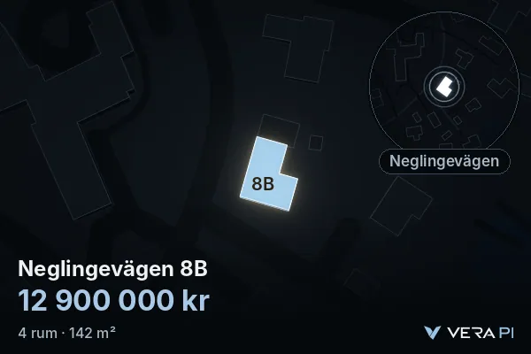 VERA PI:s bild av Neglingevägen 8B: huset i 3D, upplyst i blått, och kartan runt omkring