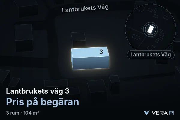 VERA PI's image of Lantbrukets väg 3: the building in 3D, lit in blue, and the map around it