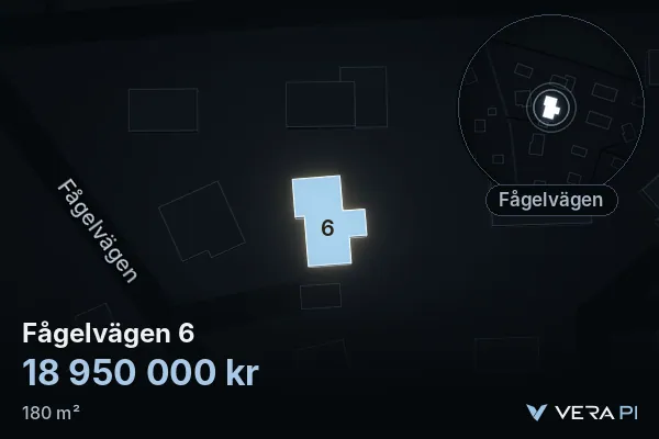 VERA PI's image of Fågelvägen 6: the building in 3D, lit in blue, and the map around it