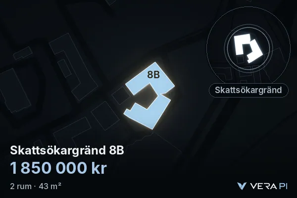 VERA PI:s bild av Skattsökargränd 8B: huset i 3D, upplyst i blått, och kartan runt omkring
