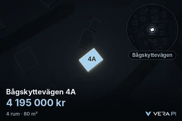 VERA PI:s bild av Bågskyttevägen 4A: huset i 3D, upplyst i blått, och kartan runt omkring